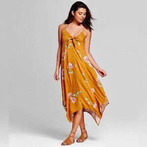 Mustard yellow ditsy floral cutout midi dress size XS